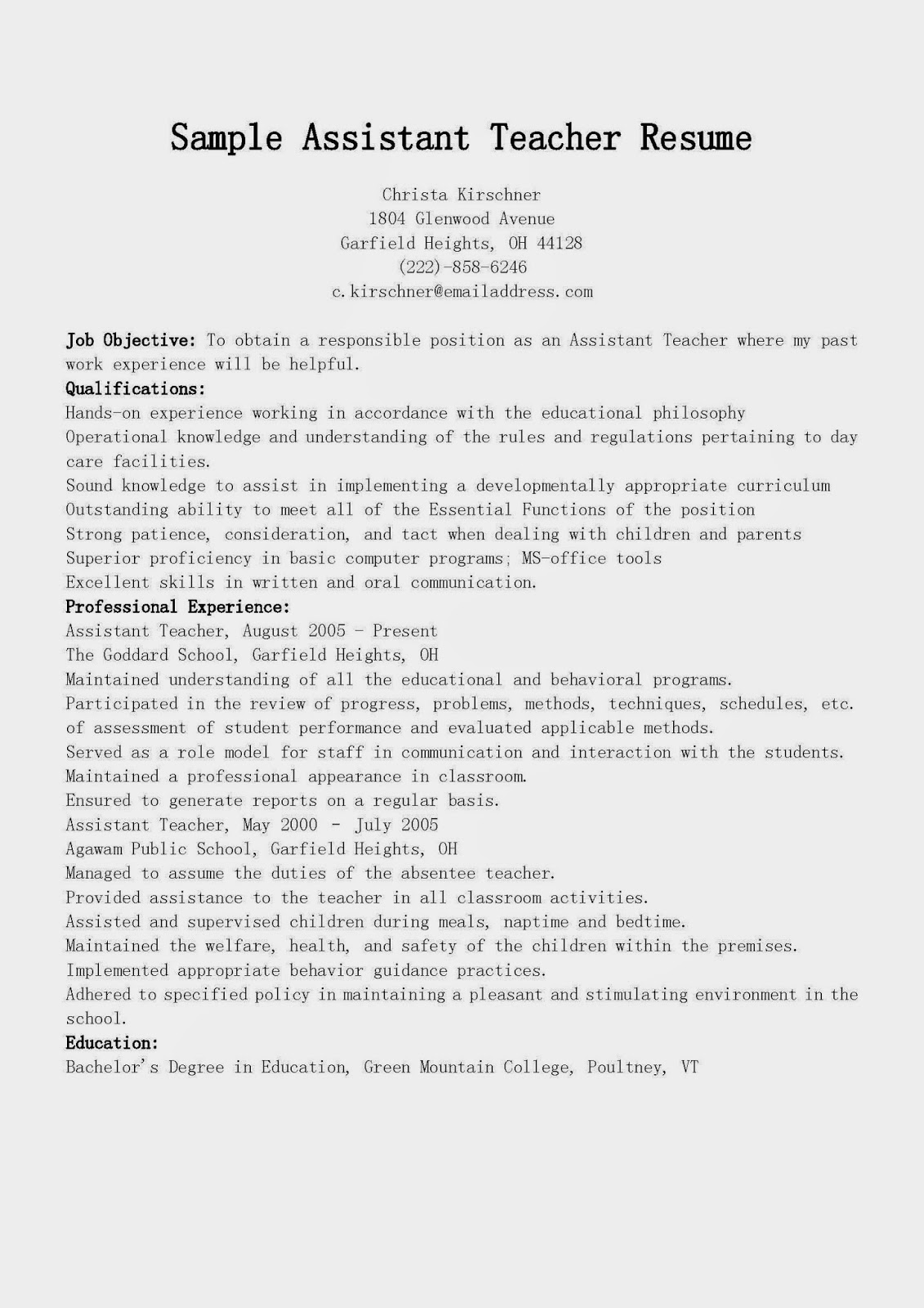 Sample resume for teachers assistant